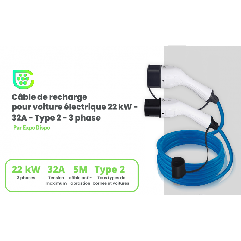 Câble charge WE Rallonge 5m - T2 monophasé 32A/7.2kW